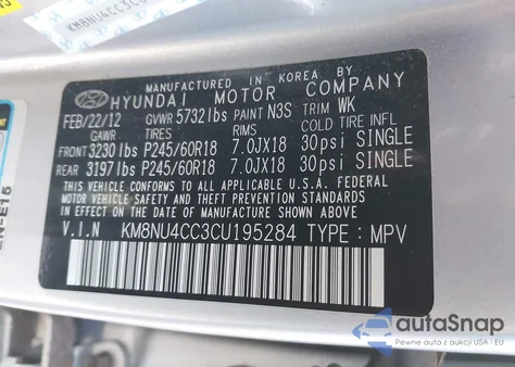 2012 Hyundai Veracruz Limited z USA, uszkodzony, nr VIN KM8NU4CC3CU195284